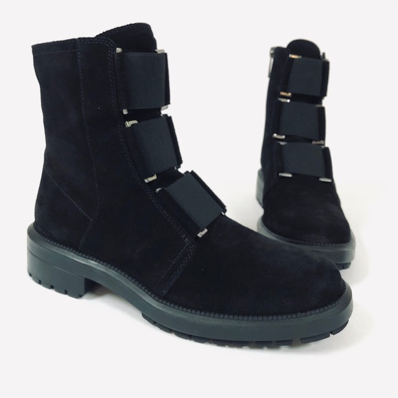 Aquatalia Liv Blk Leather Suede Weatherproof Combat Boot - Picture 2 of 6